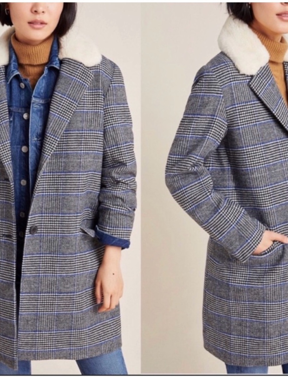 Levi's Gray Plaid Pea Coat with Cream Shearling Collar and Blue Windowpane